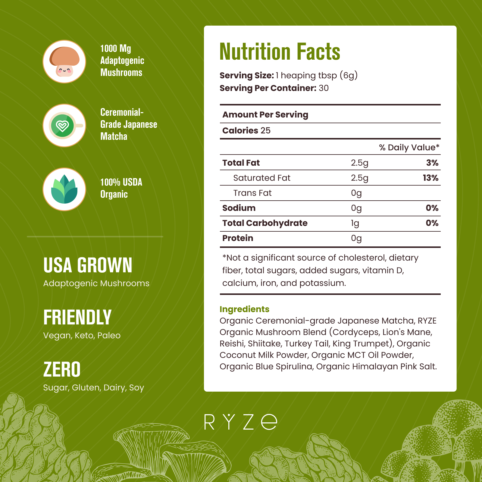Mushroom Matcha - with 6 Organic Adaptogenic Mushrooms Grown In USA and Ceremonial-Grade Japanese Matcha K1 TK